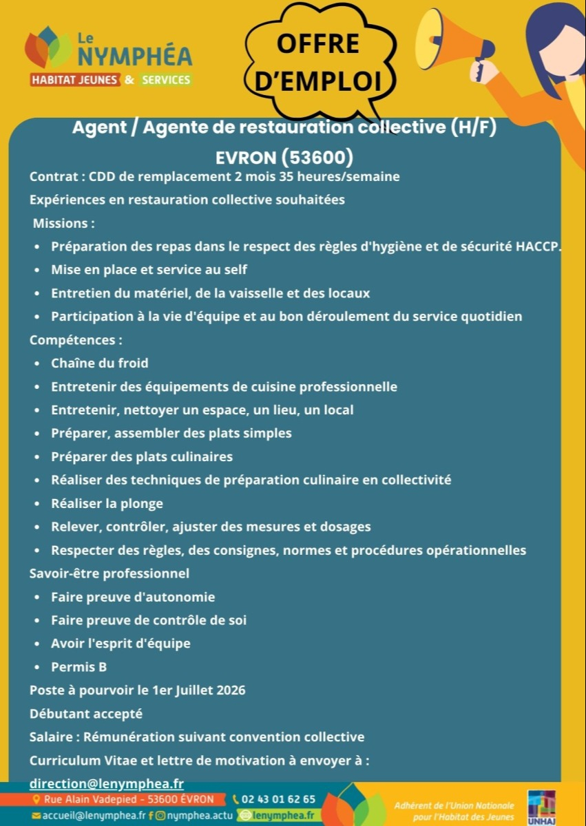 Offre d'emploi agent-e de restauration collective