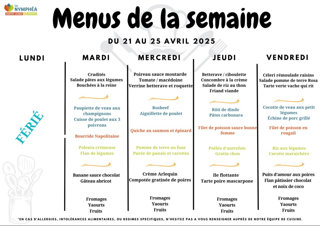 Menu de la semaine du 21 au 25 avril 2025
