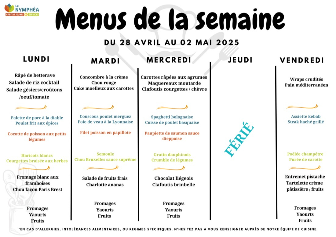 Menu du 28 avril au 02 mai 2025