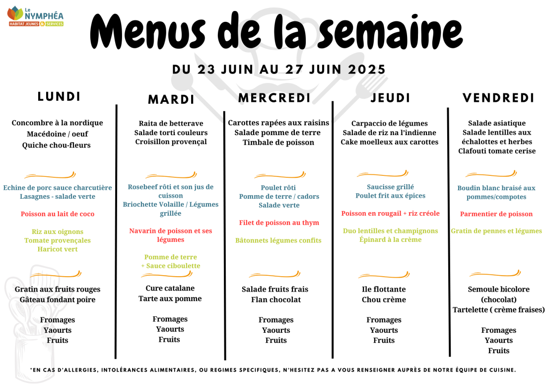 Menu du 23 au 27 juin 2025