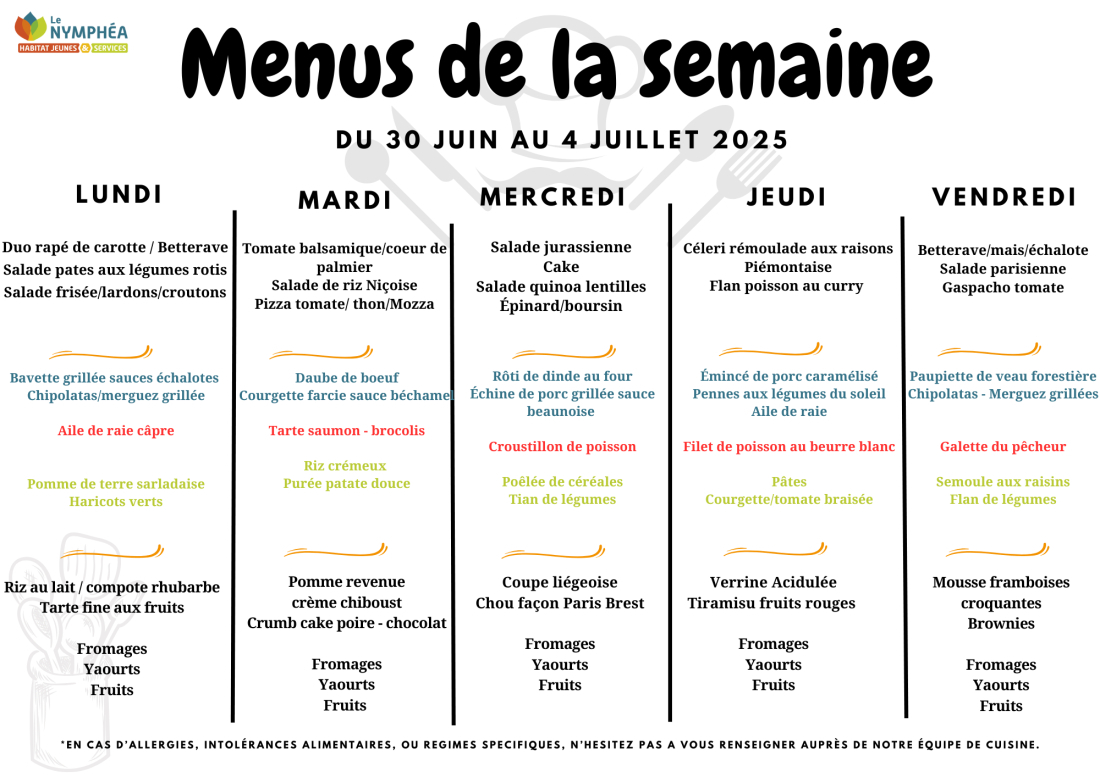 Menu semaine du 30 juin au 04 juillet 2025