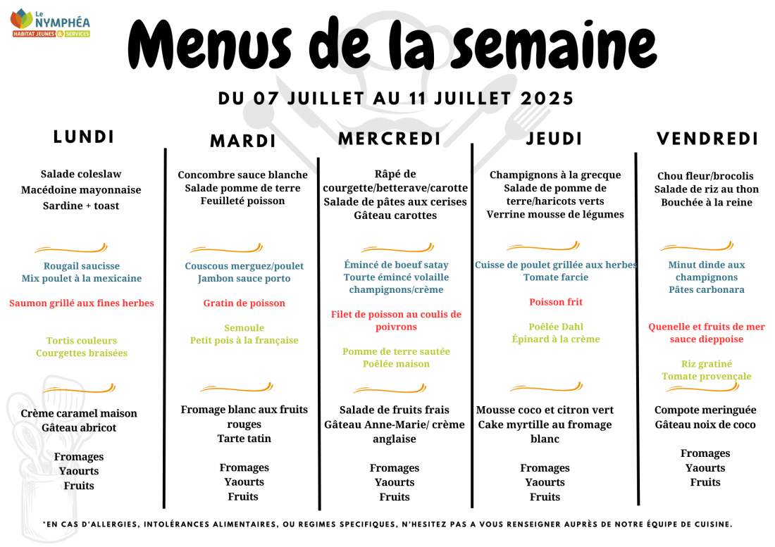 Menu du 07 au 11 juillet 2025