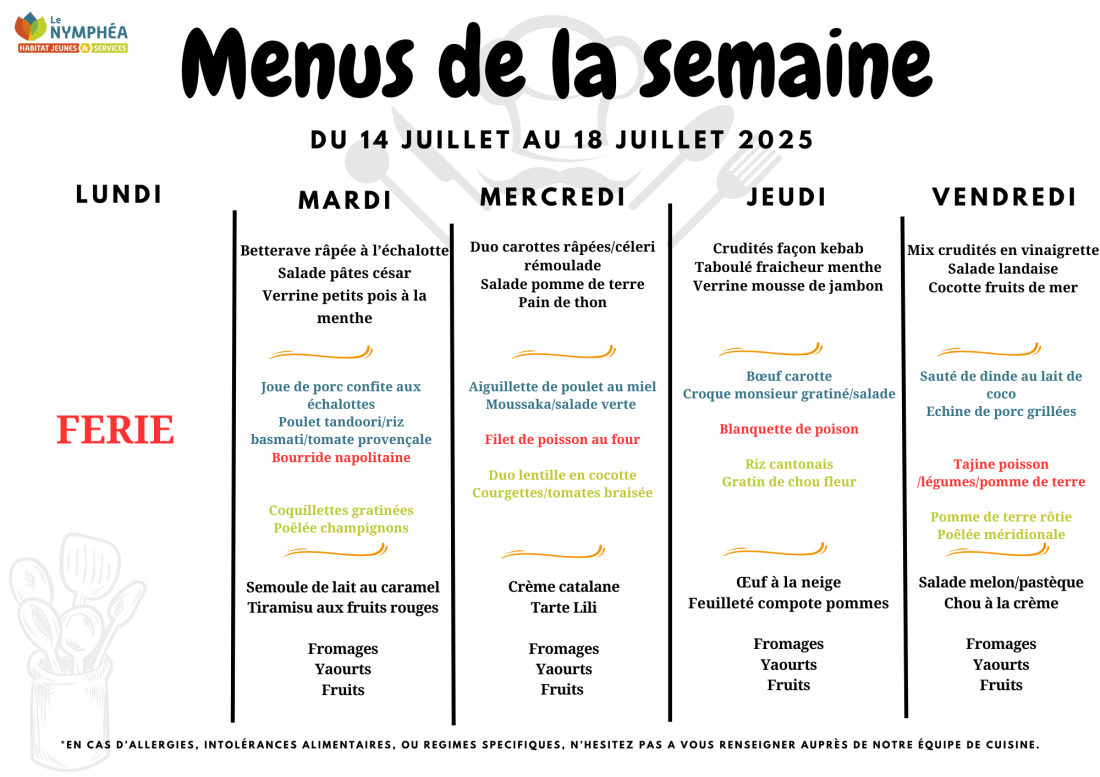 Menu du 15 au 18 juillet 2025