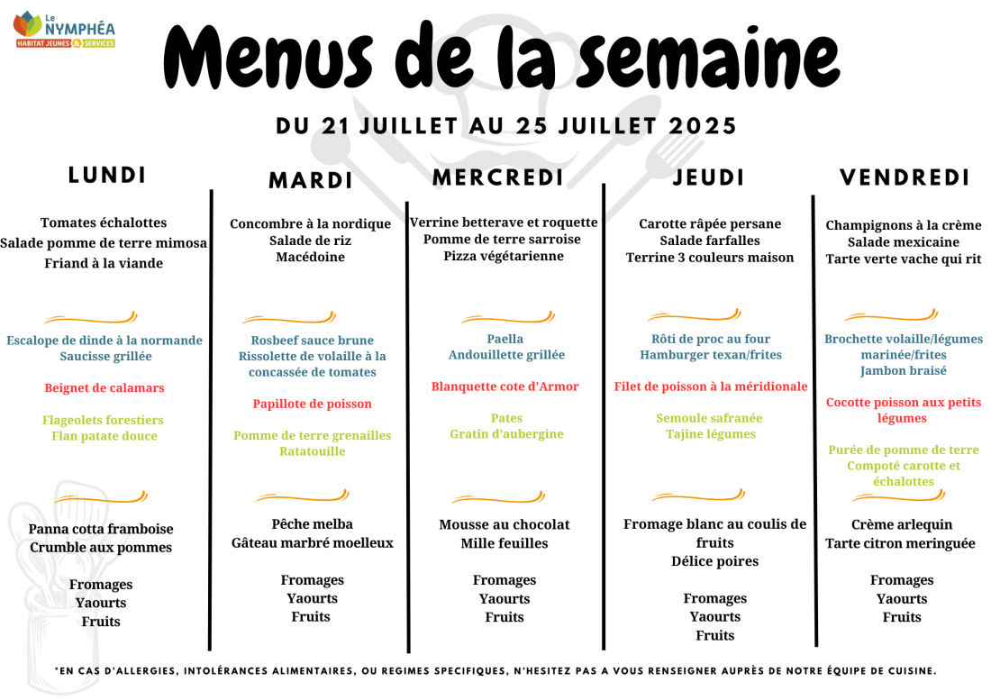 Menu du 21 au 25 juillet 2025