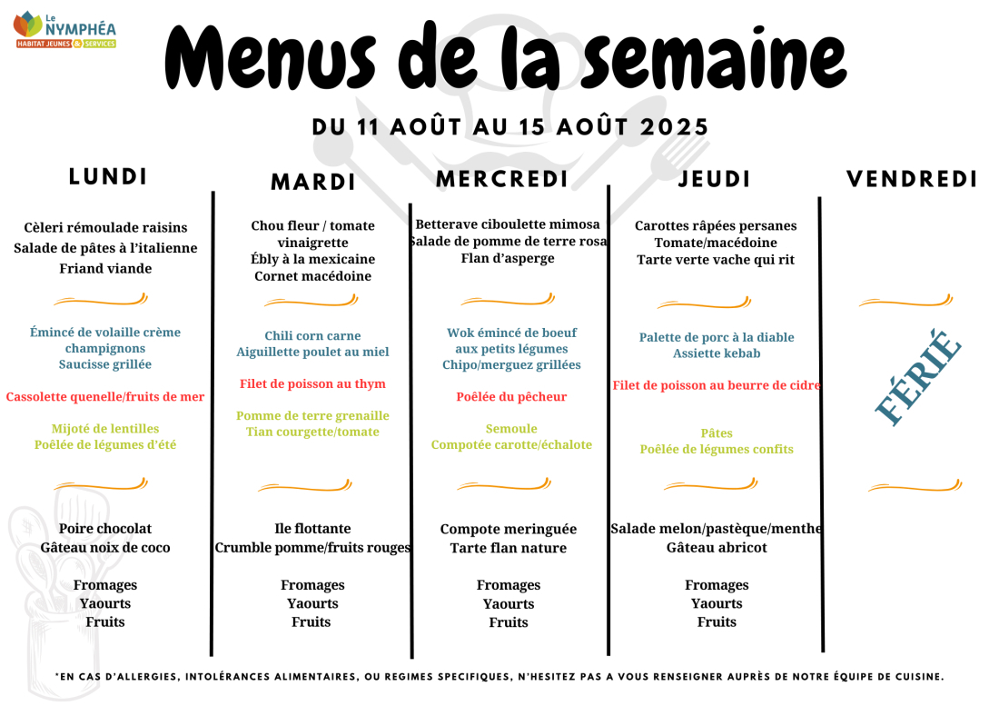 Menu du 11 au 15 aout 2025