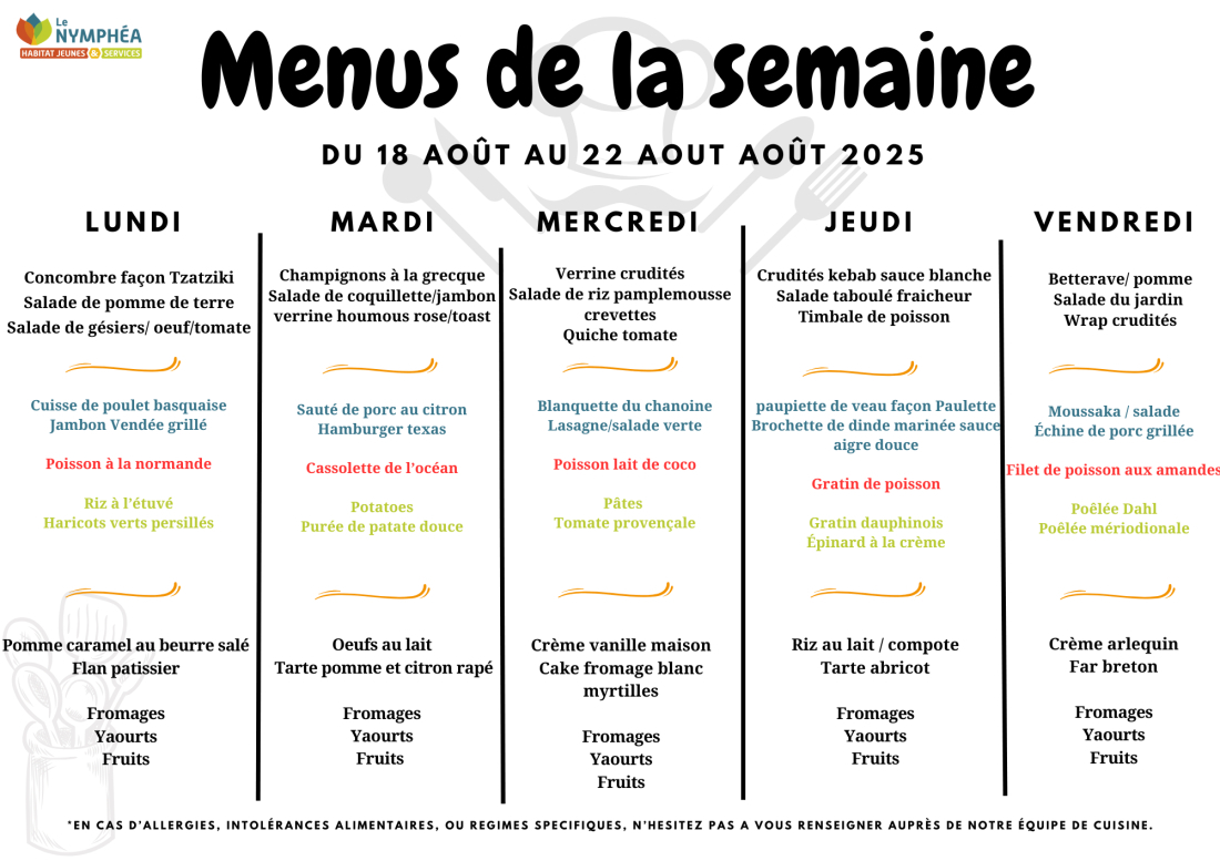 Menu 18 au 22 aout 2025