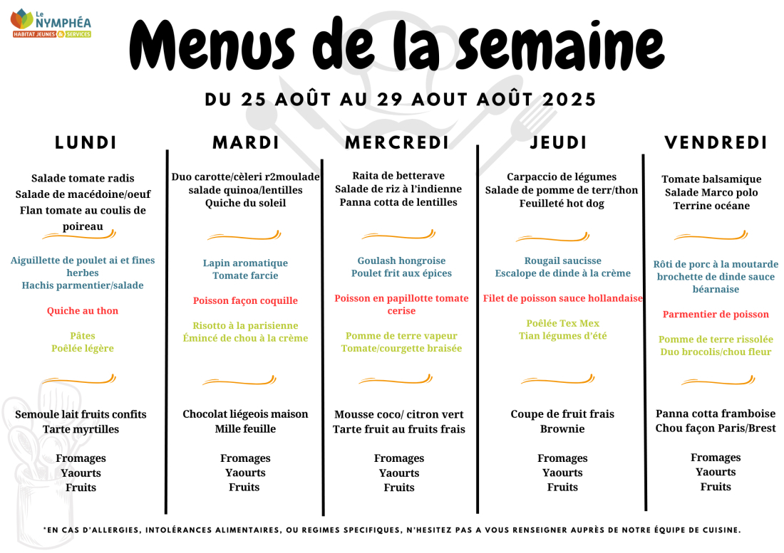 Menu du 25 au 29 aout 2025
