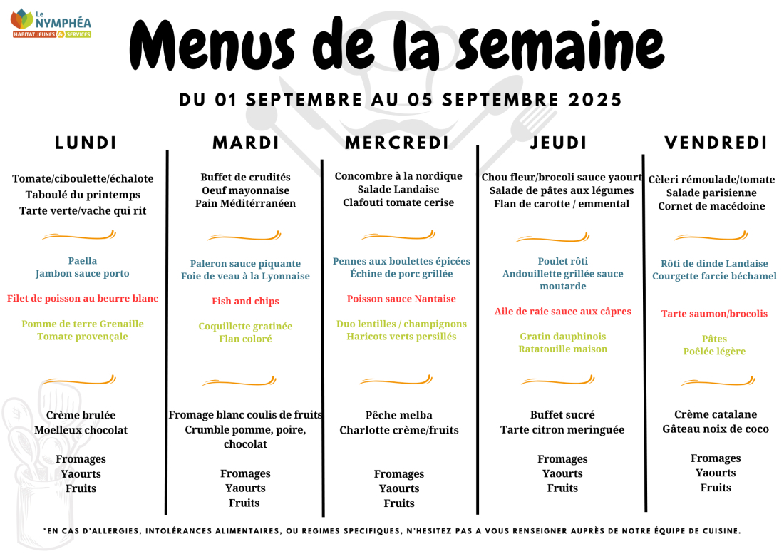 Menu du 01 au 05 septembre 2025