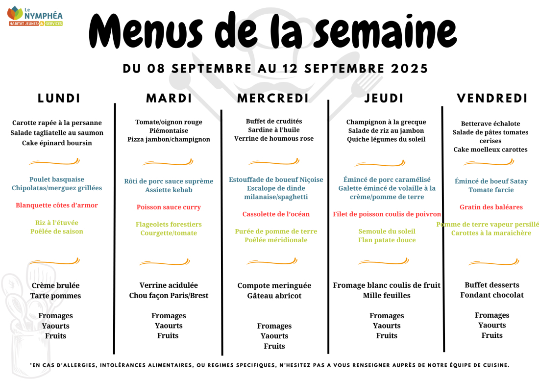 Menu du 08 au 12 septembre 2025