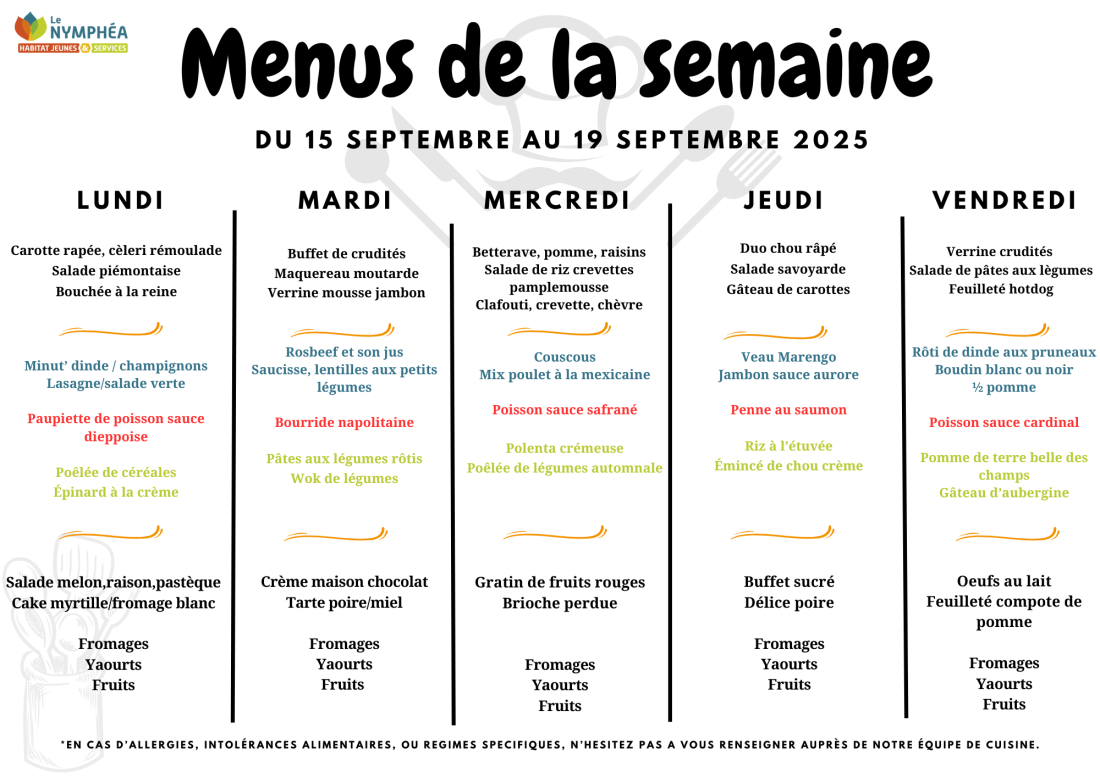 Menu du 15 au 19 septembre 2025