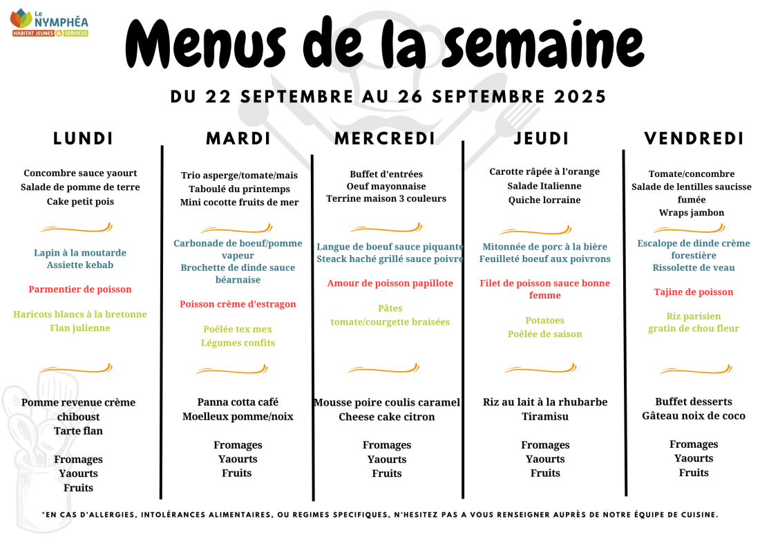 Menu du 22 au 26 septembre