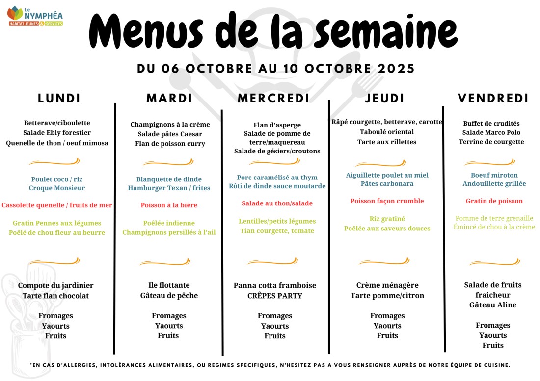 Menu du 06 au 10 Octobre 2025