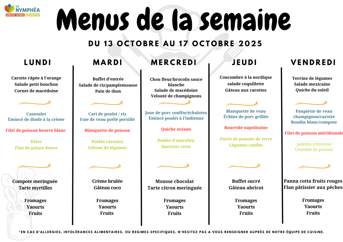 Menu du 13 au 17 octobre