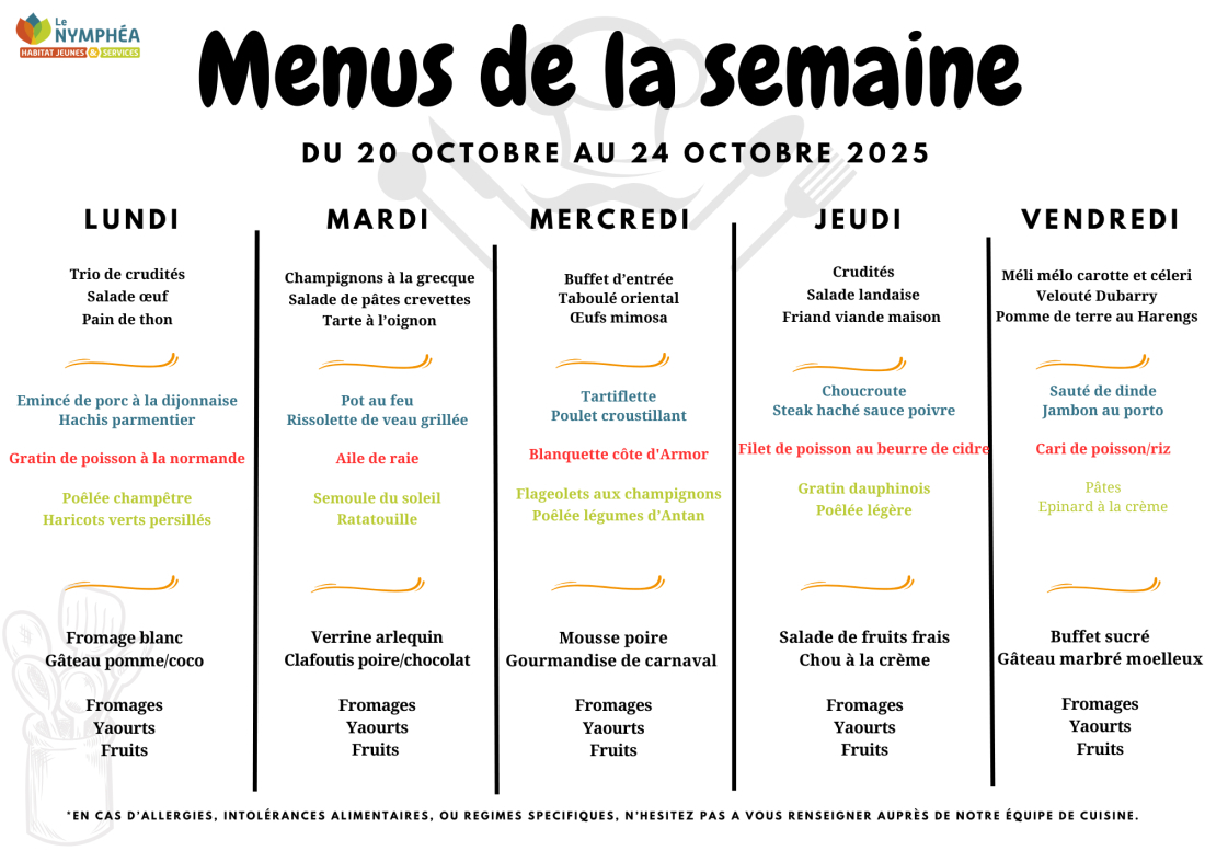 Menu du 20 au 24 octobre 2025
