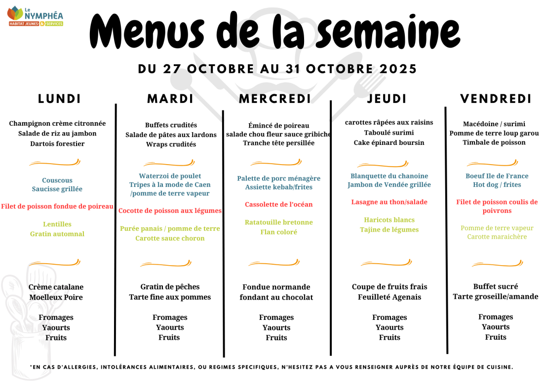 Menu du 27 au 31 octobre 2025