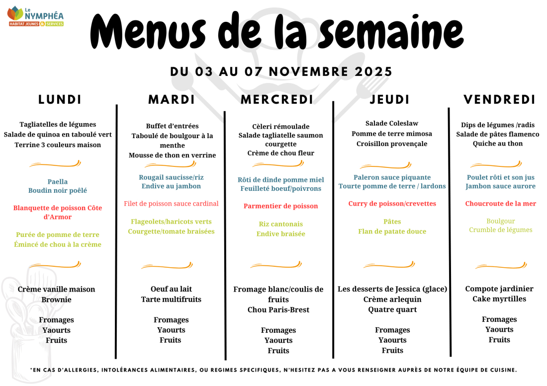 Menu semaine du 03 au 07 novembre 2025