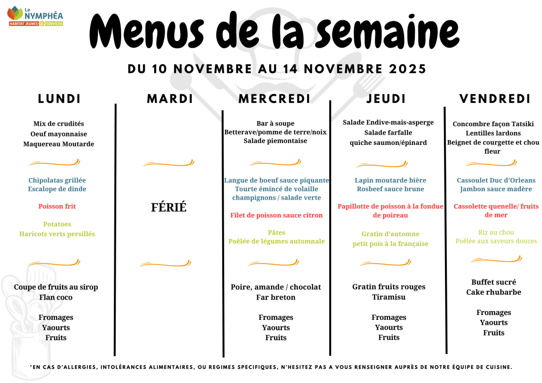 Menu du 10 au 14 novembre 2025