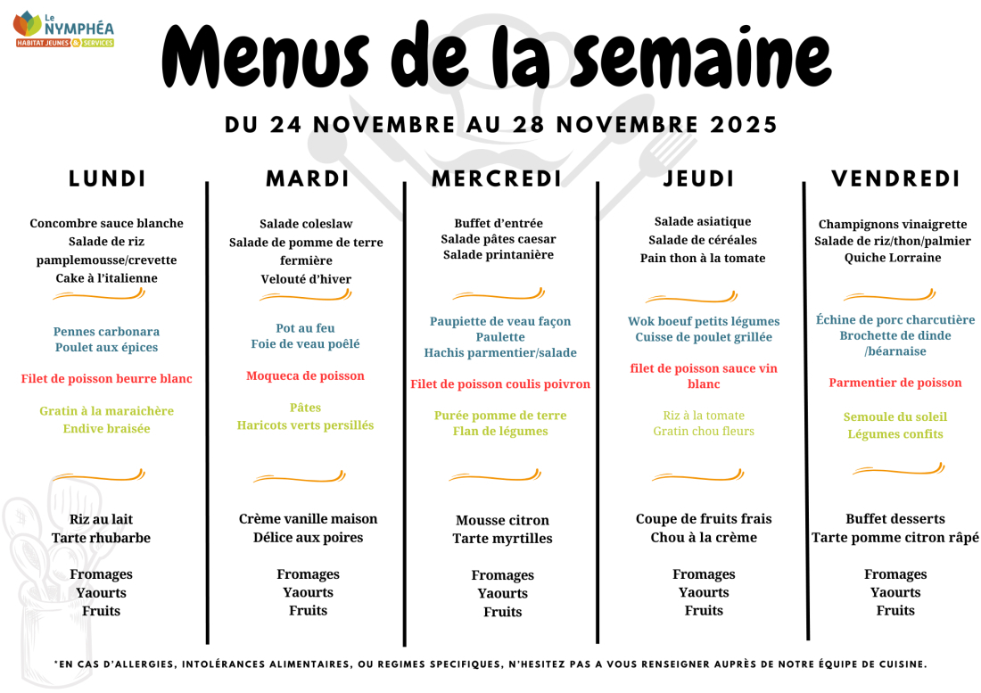 Menu du 24 au 28 novembre