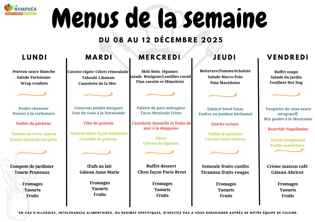 Menu semaine du 08 au 12 décembre 2025