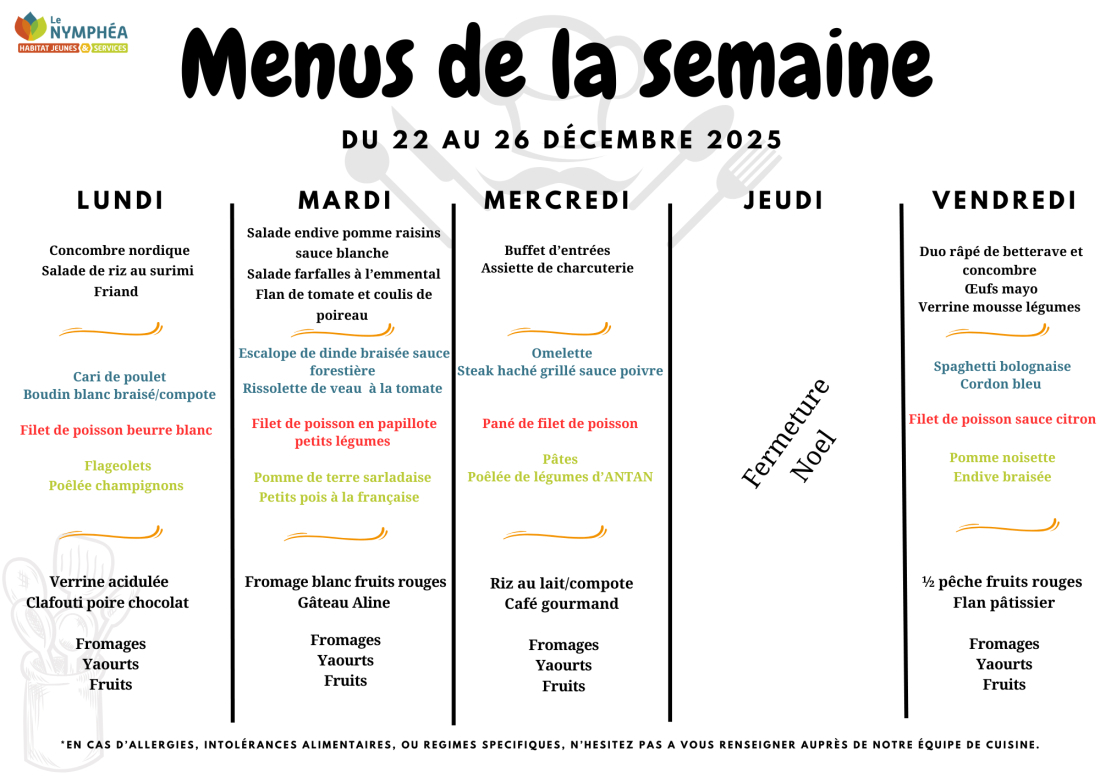 Menu 22 au 26 d&eacute;cembre 2025