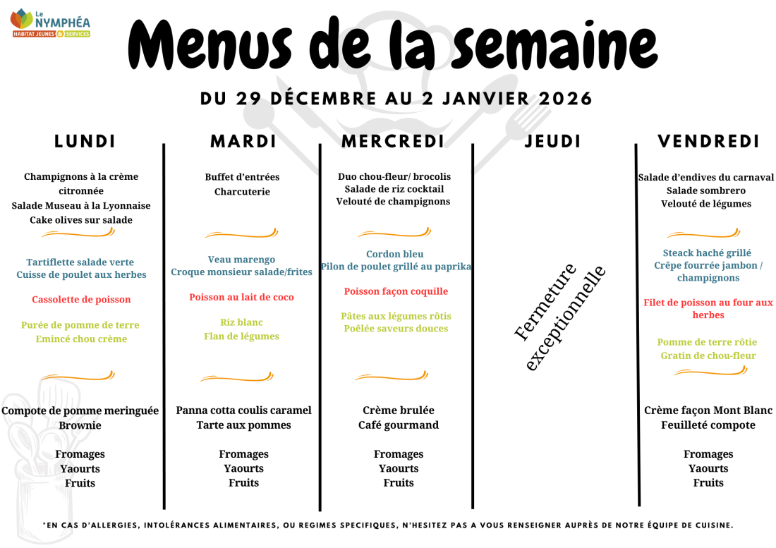 Menu du 29 décembre au 02 janvier 2026