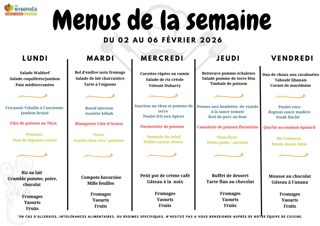 Menu du 02 au 06 février 2026