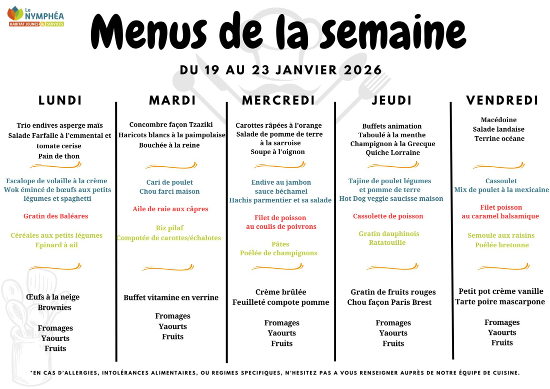 Menu du 19 au 23 janvier 2026