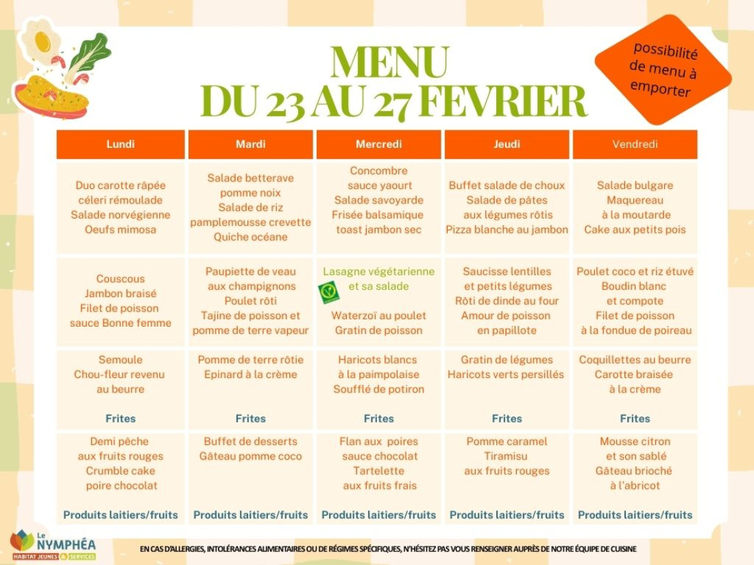 Menu du 23 au 27 février 2026