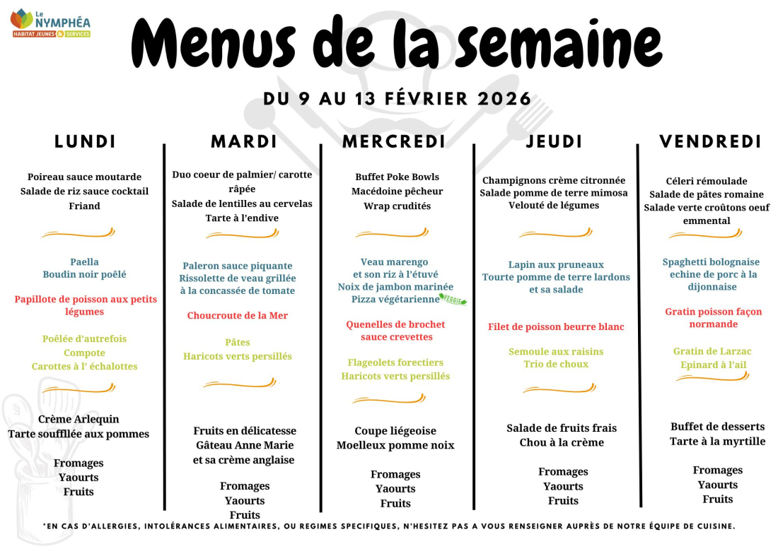 Menu du 09 au 13 f&eacute;vrier 2026