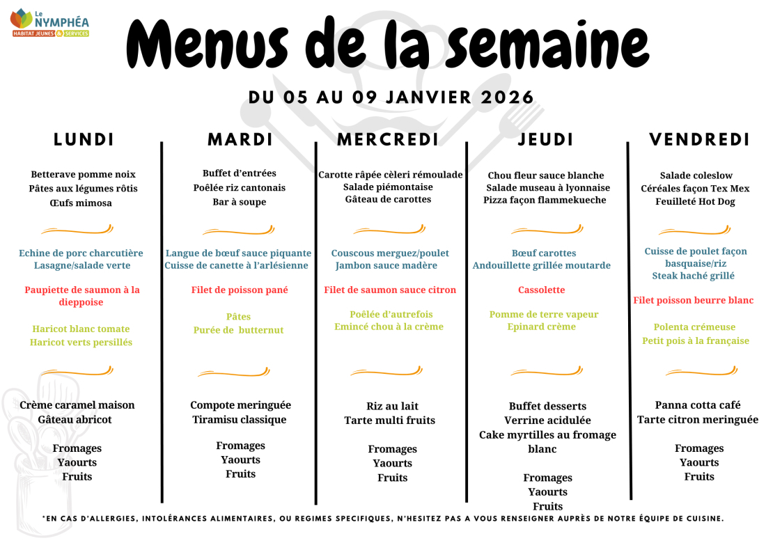 Menu du 05 au 09 janvier 2026