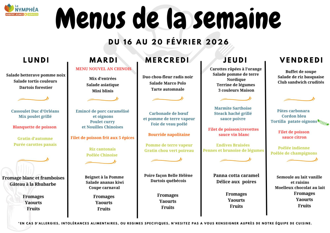Menu du 16 au 20 février 2026