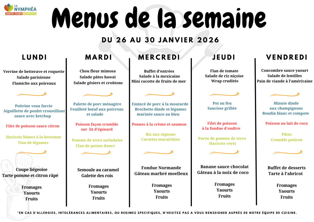 Menu du 26 au 30 janvier 2026