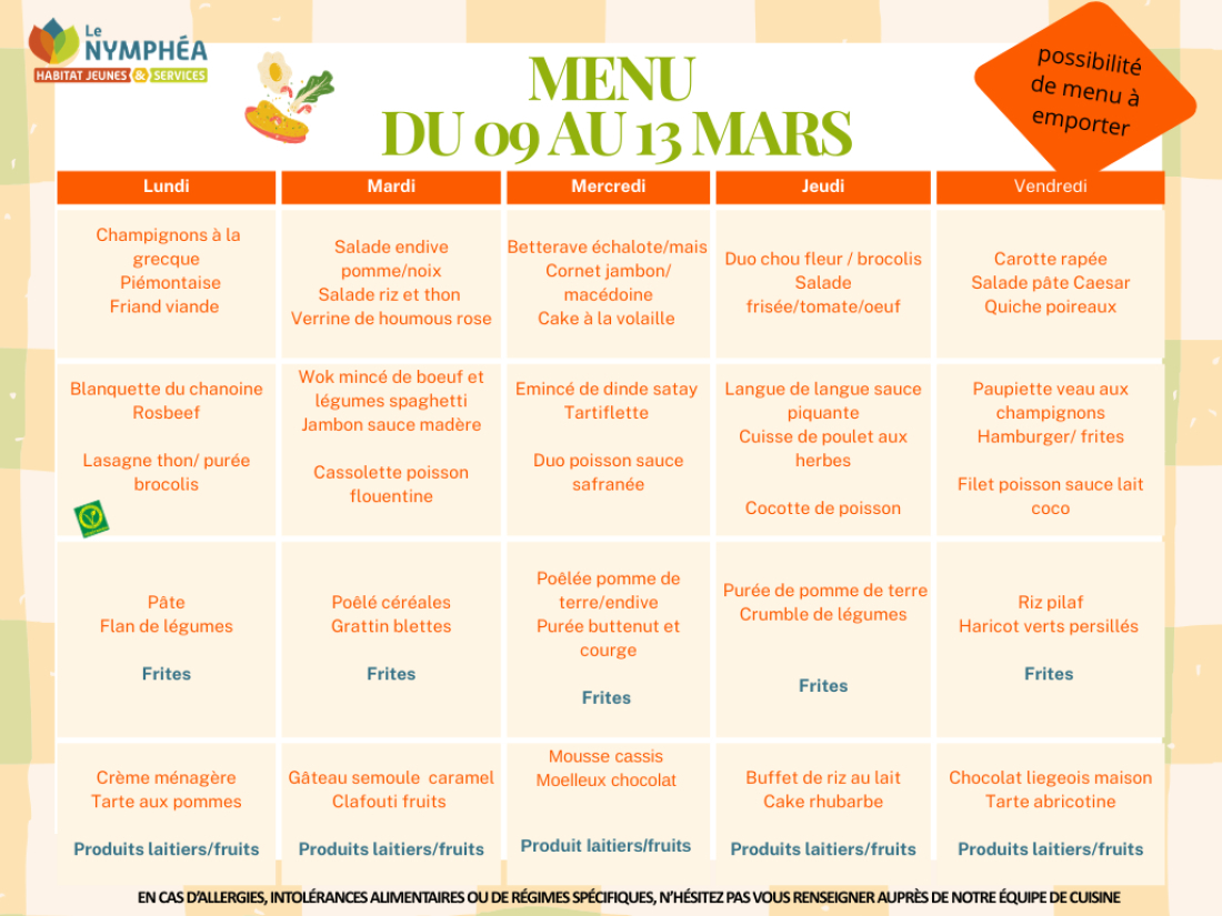Menu du 09 au 13 mars 2026