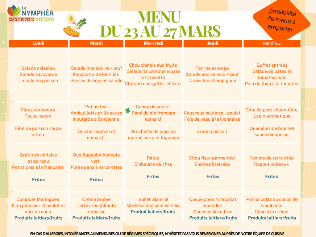 menu du 23 au 27 mars 2026