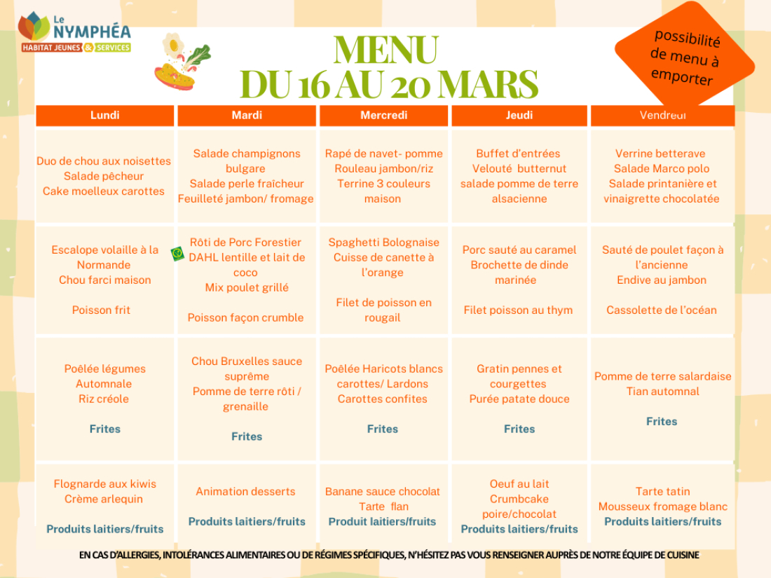 Menu du 16 au 20 mars 2026