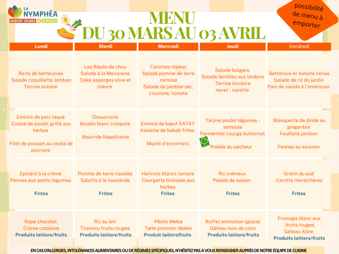 Menu du 30 mars au 03 avril 2026