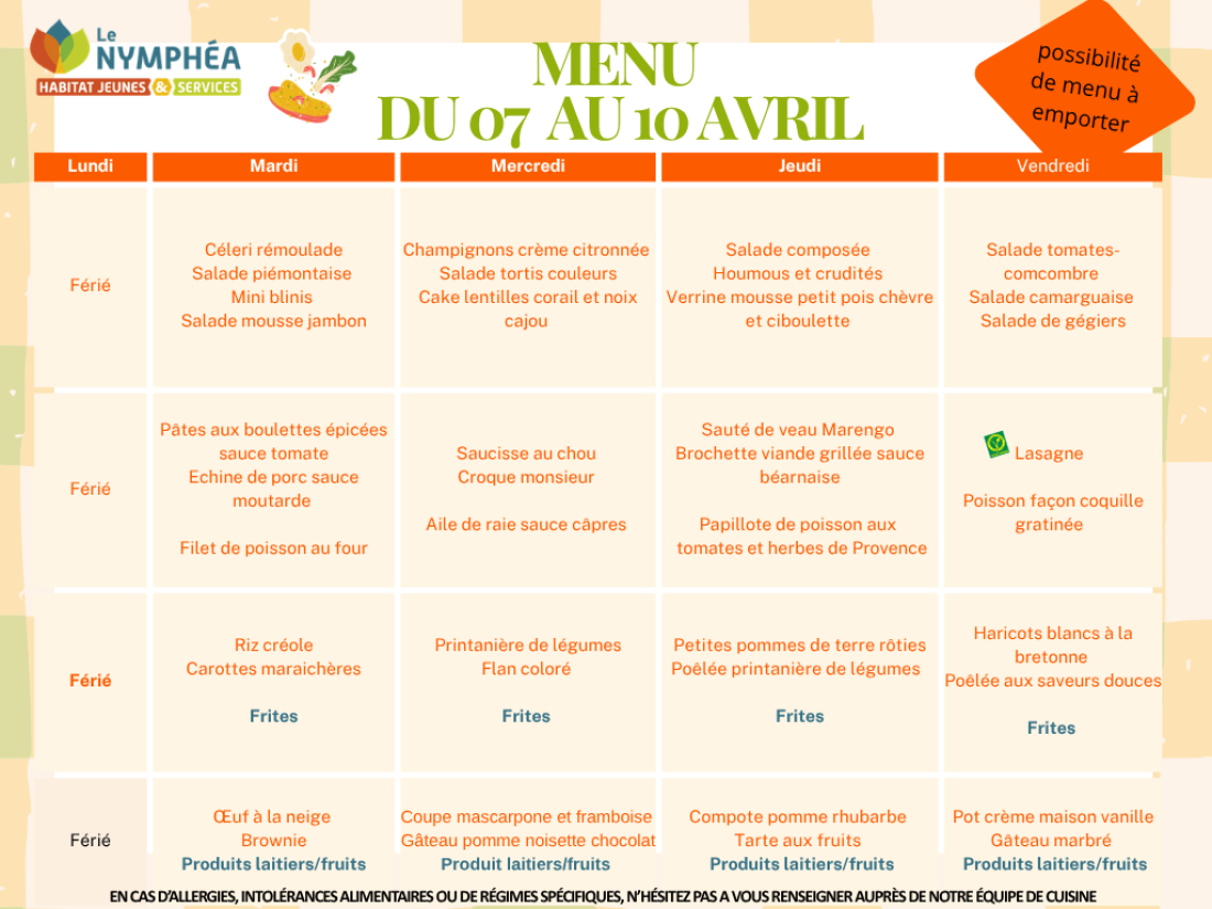 Menu du 07 au 10 avril 2026