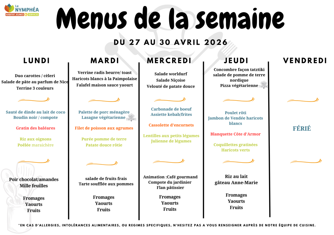 Menu du 27 au 30 avril 2026