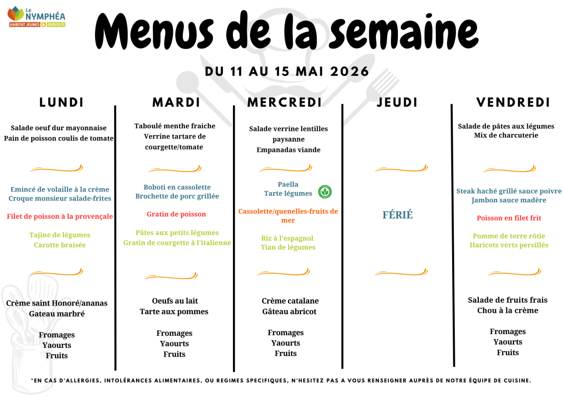 Menu du 11 au 15 mai