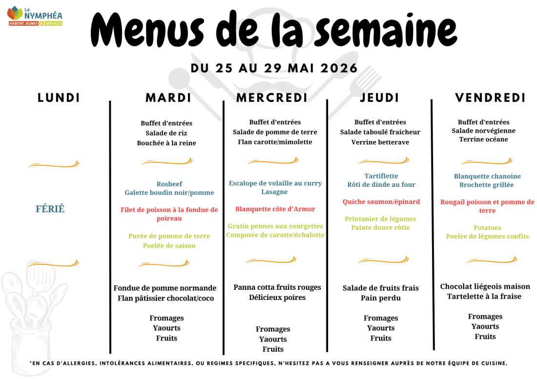 Menu du 25 au 29 mai 