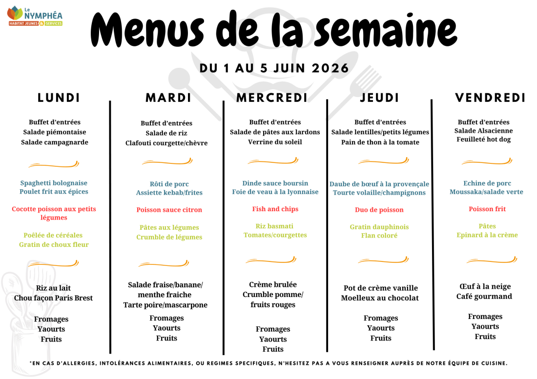 Menu du 1 au 5 juin