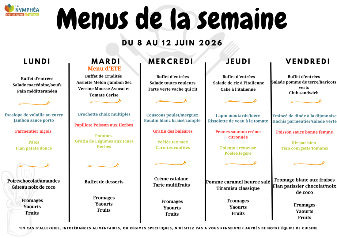 Menu du 8 au 12 juin 