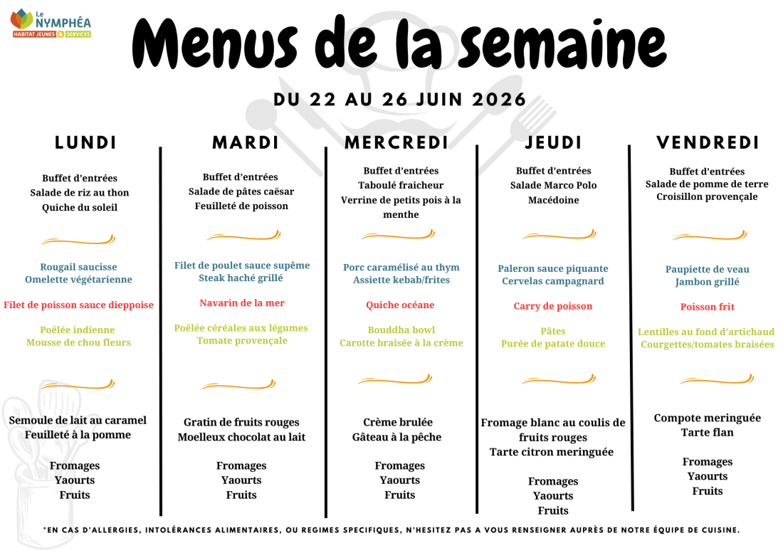 Menu du 22 au 26 juin