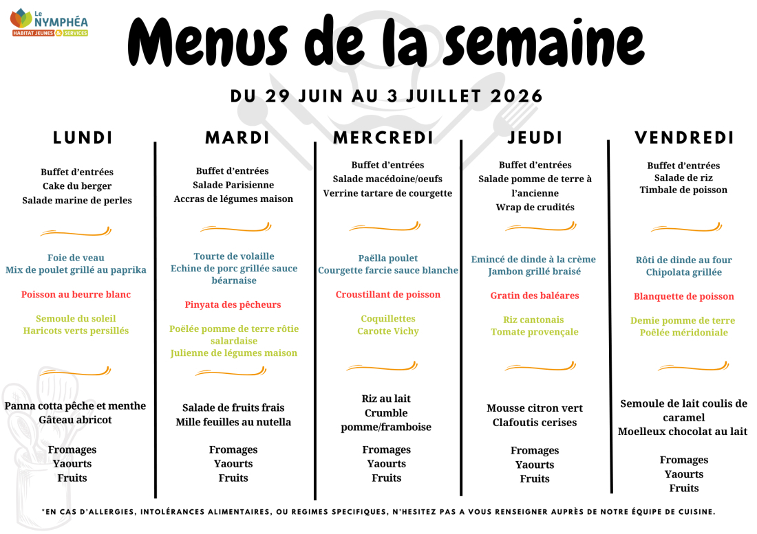Menus du 29 juin au 3 juillet