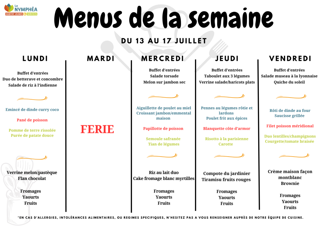 Menus du 13 au 17 juillet