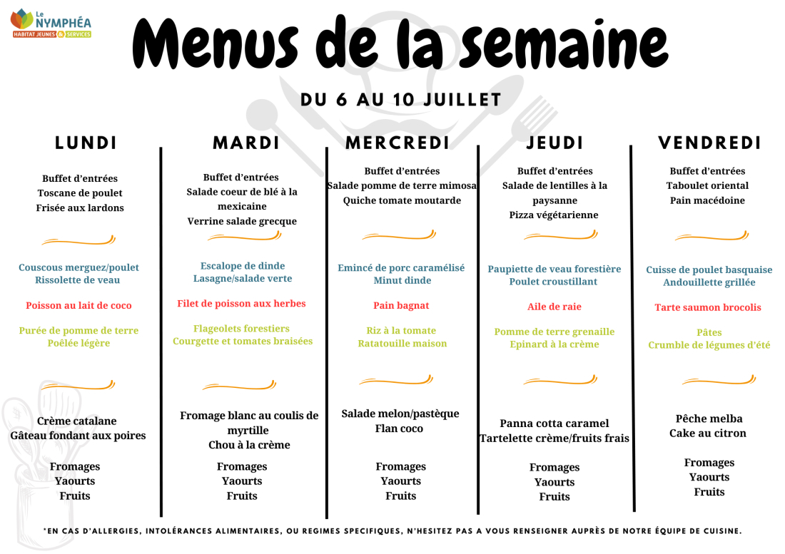 Menu du 6 au 10 juillet 