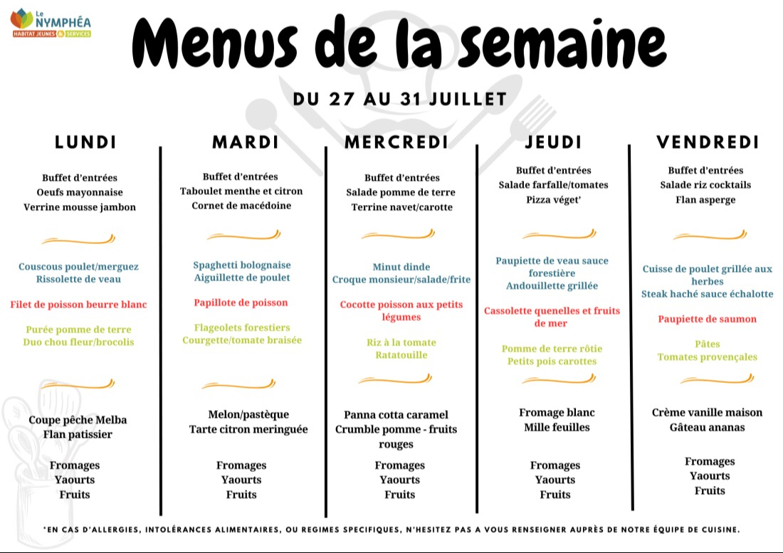 Menu du 27 au 31 juillet 2026