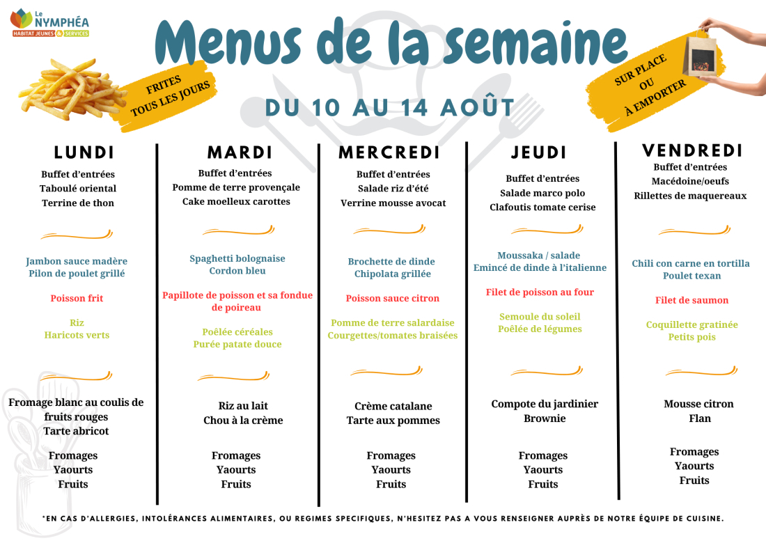 Menus du 10 au 14 août
