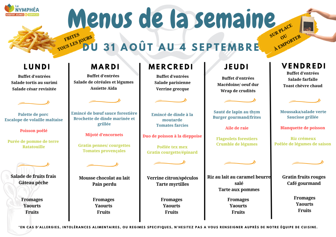 Menus du 31 août au 4 septembre