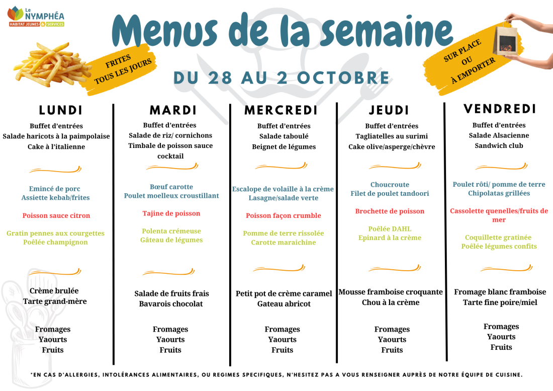 Menus du 28 septembre au 2 octobre